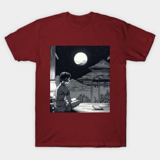 Lonely woman looking at moon on balcony T-Shirt